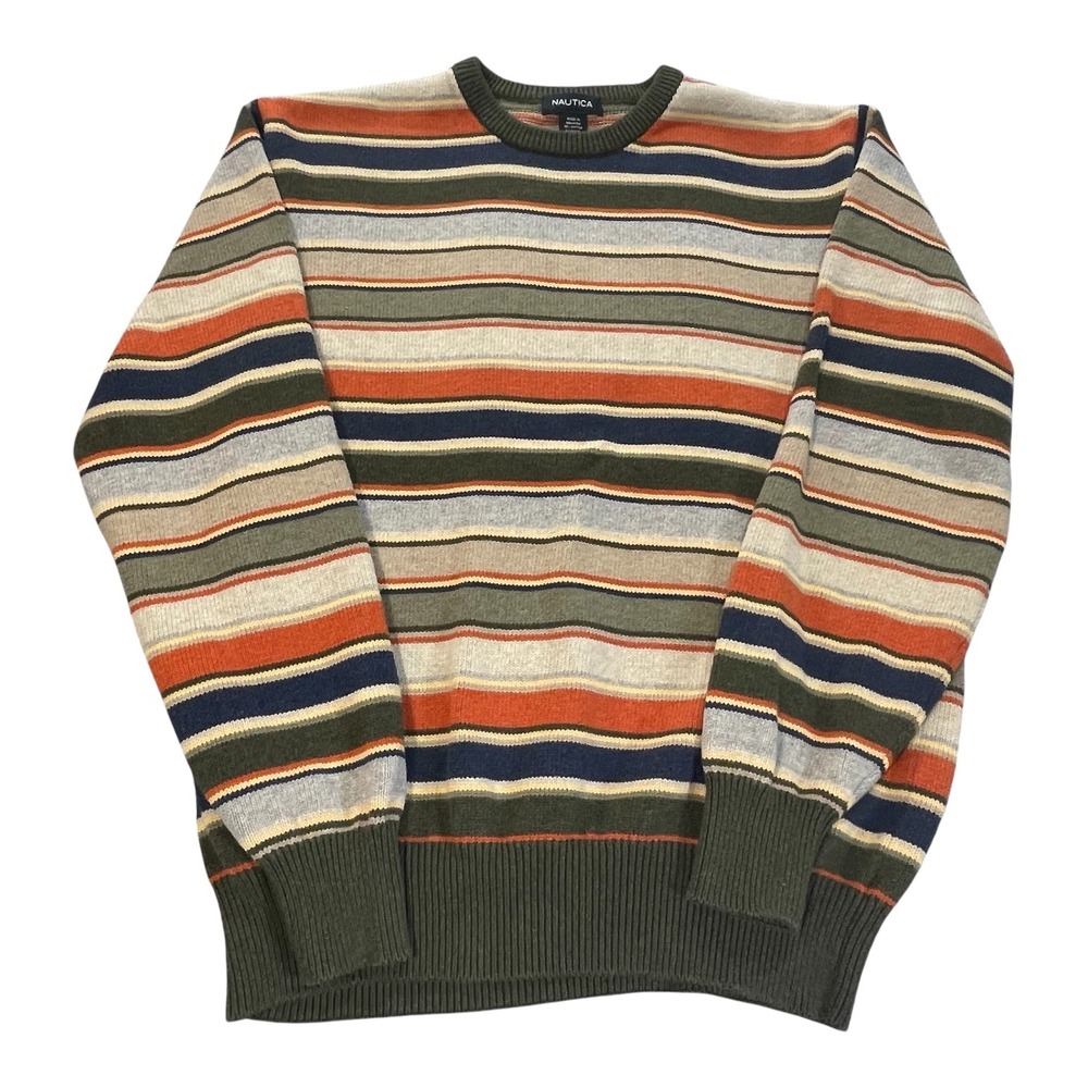 Nautica Mens Large Striped Crewneck Sweater Green Orange Navy Cotton Blend L